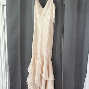 Silky Cream Ruffle-Hem Maxi Dress